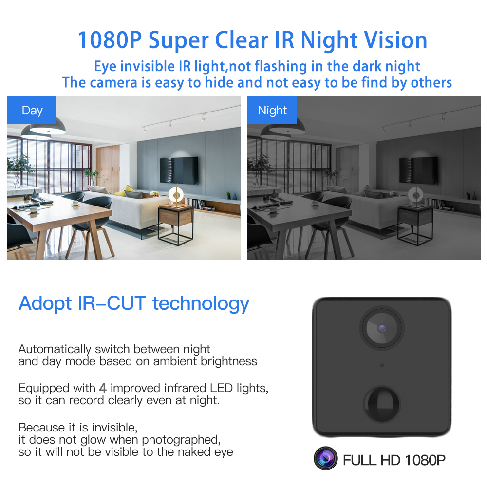 1080P Mini Wifi Camera 1500mAh Rechargeable Battery IP Camera Mini Camera AI PIR Human Body Detection Alarm IR Night